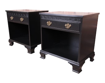 Baker Furniture Chippendale Black Lacquered Nightstands, Newly Refinished