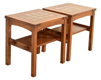 Stickley Mission Oak Arts & Crafts Tile Top Two-Tier Side Tables, Pair