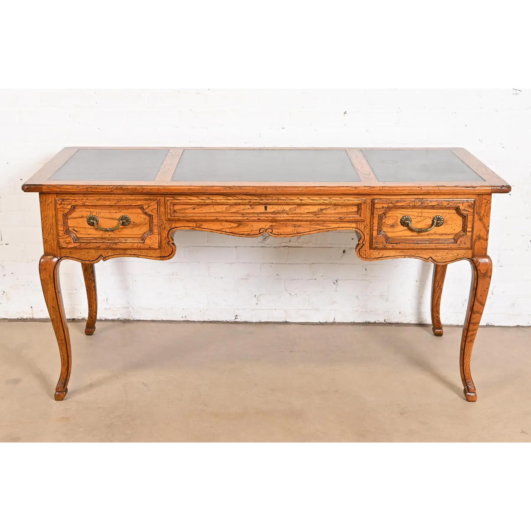 Baker Furniture French Provincial Louis XV Carved Oak Leather Top