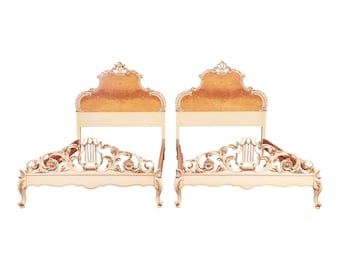 Romweber French Rococo Louis XV Burl Wood and Parcel Painted Twin Beds, Pair