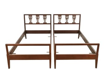 Baker Furniture Style Antique Italian Neoclassical Carved Walnut Twin Size Beds, Pair