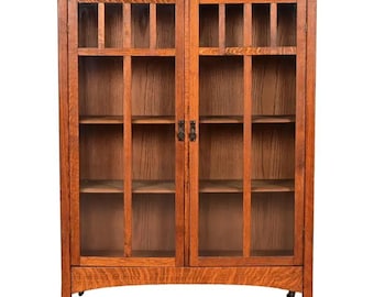Limbert Style Mission Oak Arts & Crafts Glass Front Double Bookcase Cabinet, Circa 1900