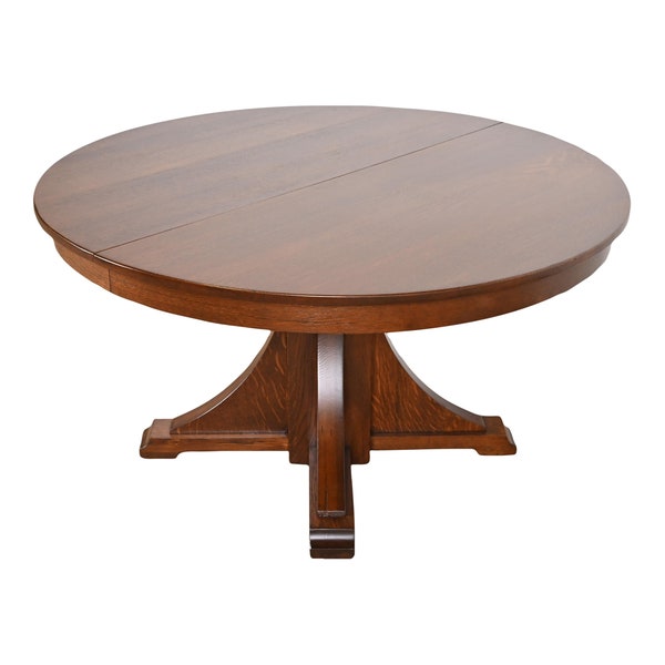 Stickley Brothers Antique Mission Oak Arts & Crafts Pedestal Extension Dining Table, Newly Restored