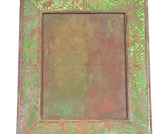 Tiffany Studios New York Pine Needle Bronze and Green Slag Glass Large Picture Frame, Circa 1910