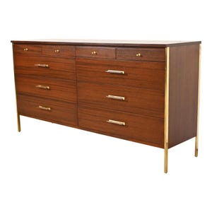 Paul McCobb for Directional Mid-Century Modern Mahogany and Brass Ten-Drawer Dresser or Credenza, Newly Refinished