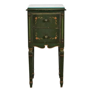 May include: A dark green nightstand with two drawers and a white top. The nightstand has floral accents and gold trim. The legs are slender and tapered. A classic piece of furniture.