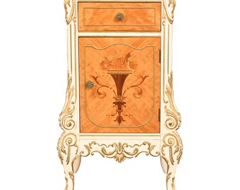 Romweber French Rococo Louis XV Satinwood Inlaid Marquetry and Parcel Painted Nightstand, Circa 1930s