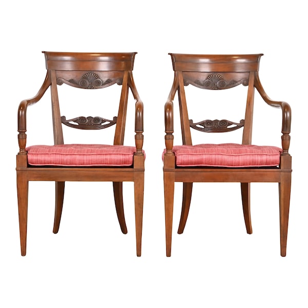 Baker Furniture French Regency Carved Walnut Lounge Chairs, Pair