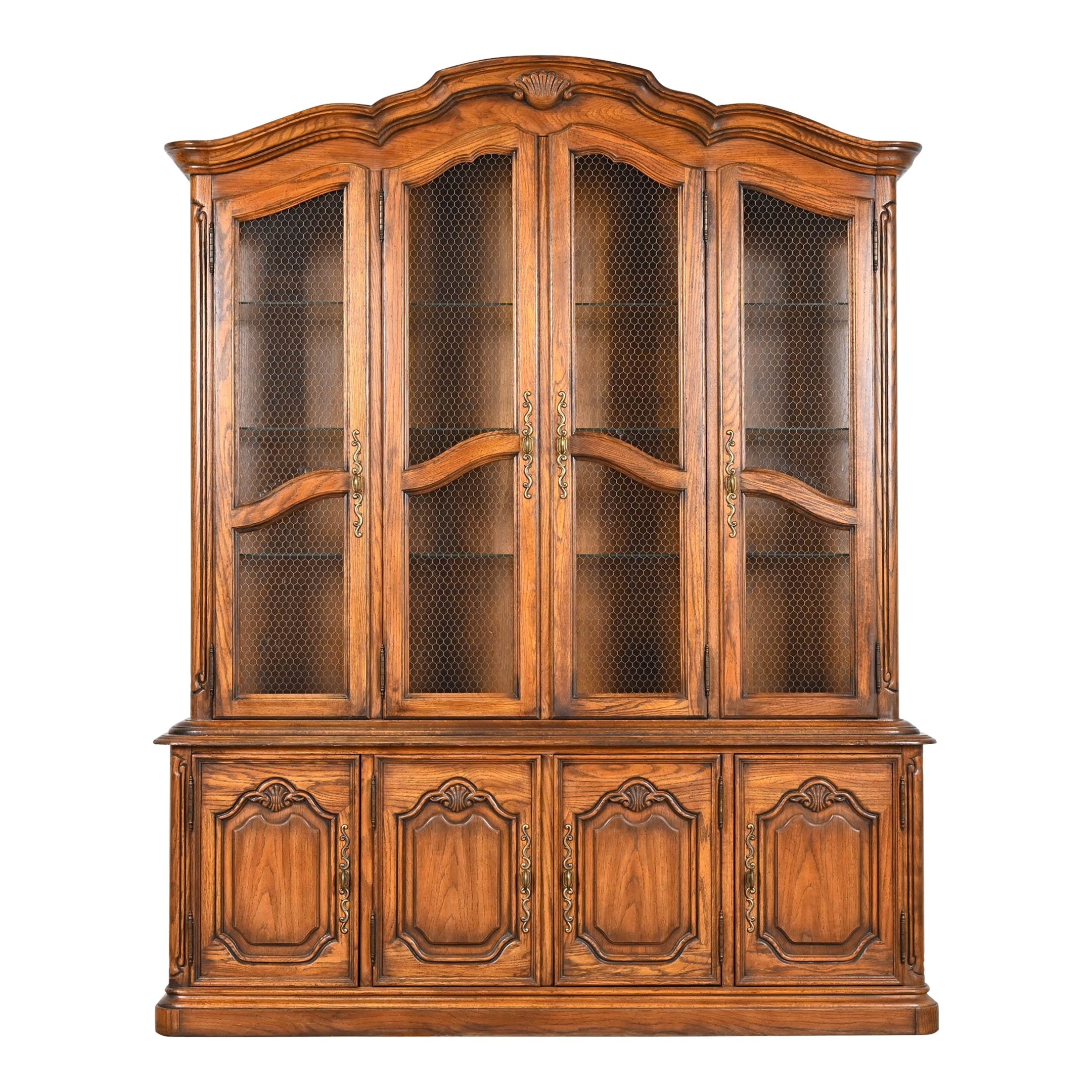 Drexel Heritage French Provincial Carved Oak Lighted Breakfront