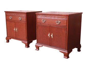 Baker Furniture Georgian Carved Mahogany Nightstands, Newly Refinished