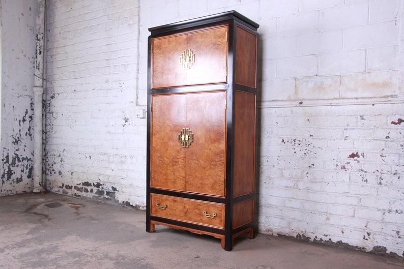 Century Furniture Black Lacquer and Burl Wood Chinoiserie Armoire Dresser