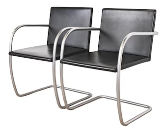 Mies Van Der Rohe for Knoll Black Leather and Chrome Brno Chairs, Pair