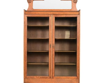 Antique Victorian Carved Oak Two-Door Bookcase, Circa 1890s