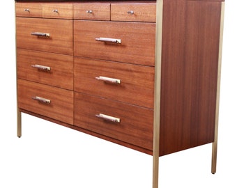 Paul McCobb for Directional 6000 Series Mahogany and Brass Ten-Drawer Dresser or Credenza, Newly Restored