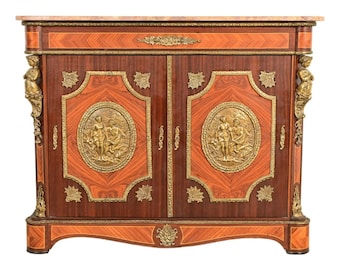 Paul Sormani Style French Napoleon III Mahogany and Kingwood Marble Top Buffet Server or Bar Cabinet With Mounted Gilt Bronze Ormolu