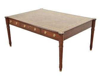 Baker Furniture Stately Homes Collection English Regency Carved Mahogany Leather Top Partner's Desk