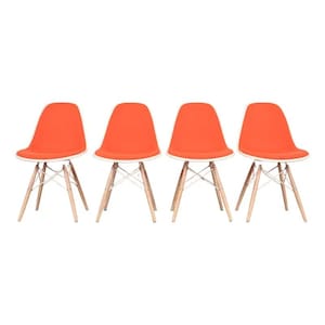 May include: Four orange chairs with white trim and wooden legs are arranged in a row. The chairs have a modern design, with a curved seat and a simple, minimalist aesthetic. The legs are made of light-colored wood.