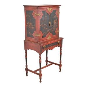 Antique Chinoiserie Jacobean Red Lacquered Hand Painted Bookcase or Bar Cabinet, Circa 1920s