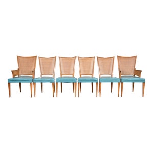 John Widdicomb Mid-Century Modern Sculpted Walnut and Cane Dining Chairs, Set of Six