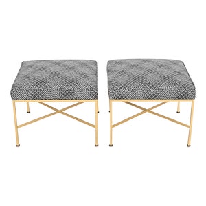 Paul McCobb for Directional X-Base Brass and Upholstered Stools or Ottomans, Newly Restored