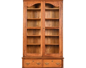 Antique Victorian Carved Oak Glass Front Bookcase, Circa 1900
