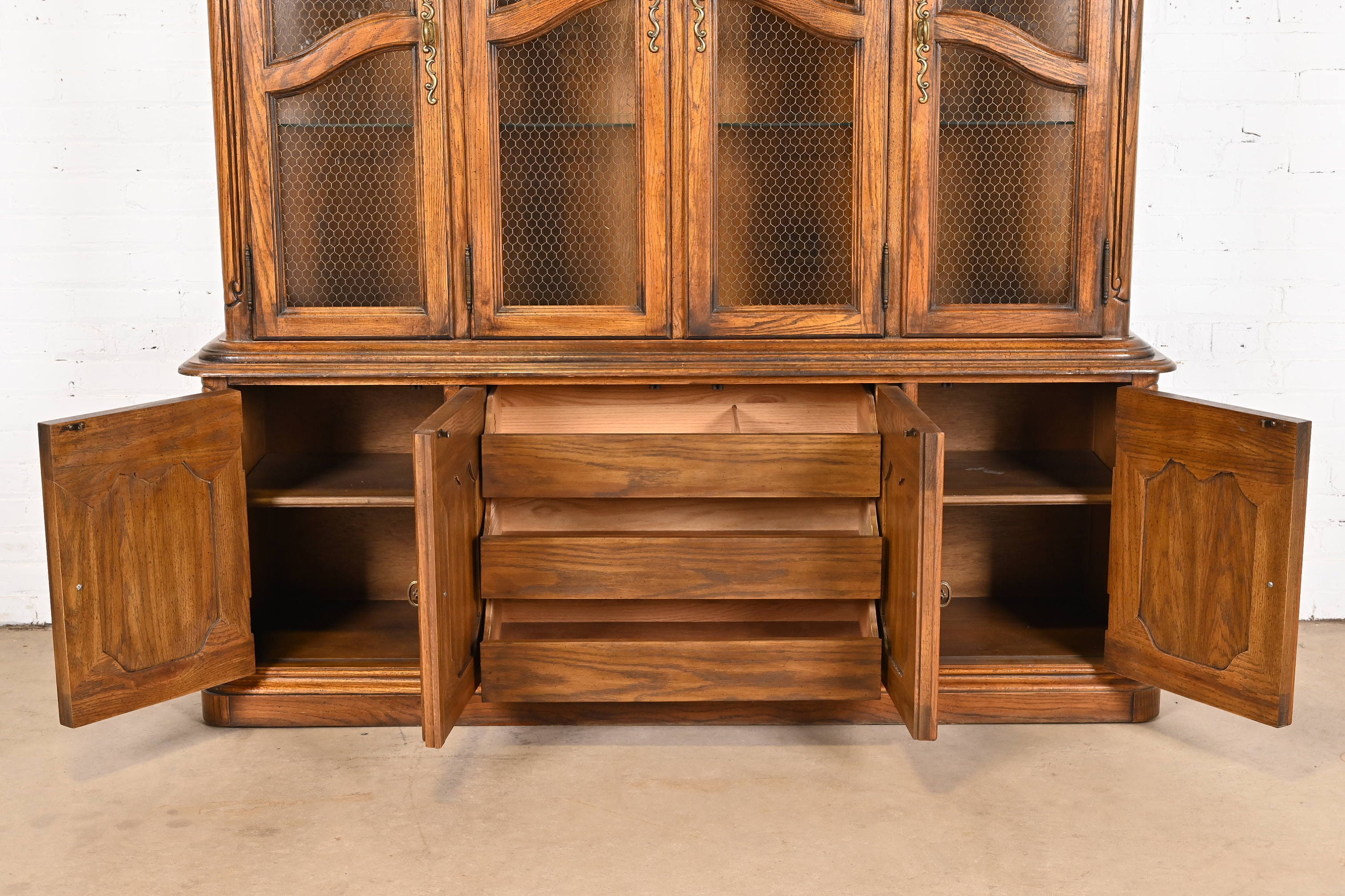 Drexel Heritage French Provincial Carved Oak Lighted Breakfront