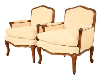 Baker Furniture French Provincial Louis XV Carved Fruitwood Bergère Chairs, Pair