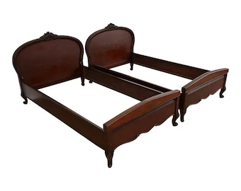 Romweber Style Antique French Provincial Louis XV Carved Mahogany Twin Beds, Pair