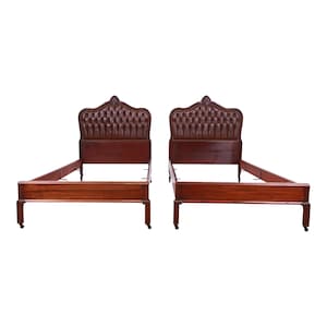 French Provincial Louis XV Mahogany and Tufted Leather Twin Beds, Pair