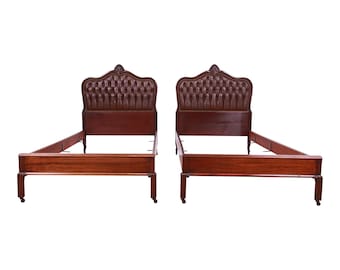 French Provincial Louis XV Mahogany and Tufted Leather Twin Beds, Pair