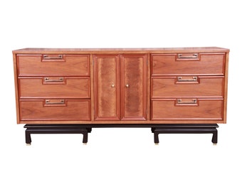Merton Gershun for American of Martinsville Hollywood Regency Chinoiserie Walnut Triple Dresser, Newly Refinished