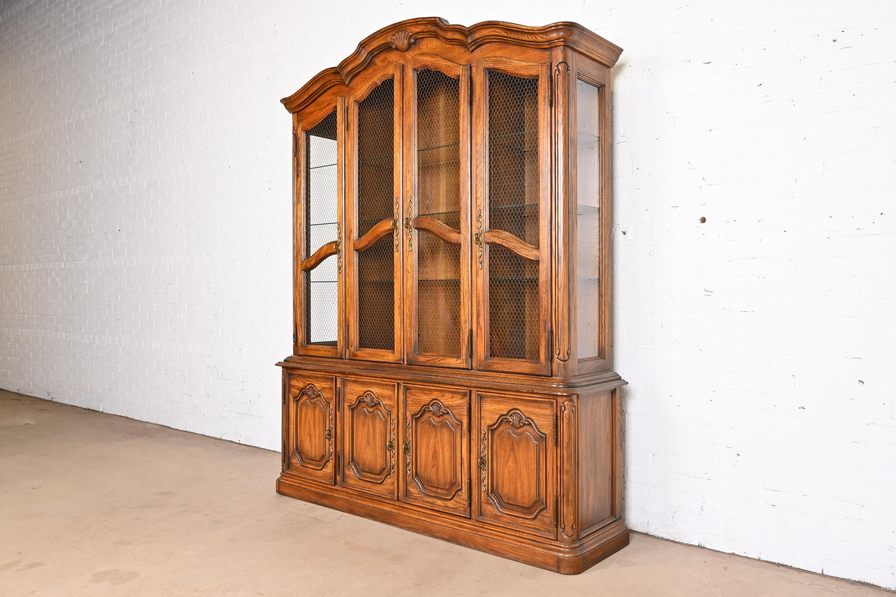 Drexel Heritage French Provincial Carved Oak Lighted Breakfront