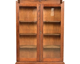 Antique Victorian Two-Door Carved Oak Bookcase Cabinet, Circa 1900