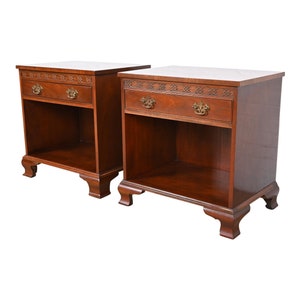 Baker Furniture English Chippendale Carved Mahogany Nightstands, Pair