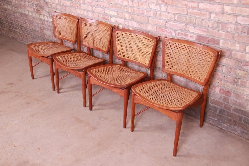 Finn Juhl for Baker Furniture Teak and Cane Dining Chairs, Set of Four image 3