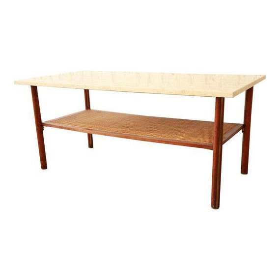 Mid Century Modern Two Tier Coffee Table W Travertine Top Etsy