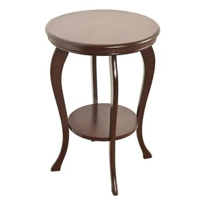 May include: A dark brown, round side table with a lower shelf. The table has curved legs and a classic design, suitable for displaying plants or decor. The table is approximately 24 inches tall.