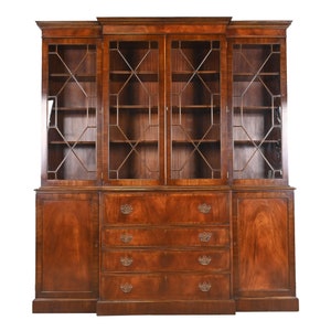 Trosby Furniture Georgian Carved Flame Mahogany Breakfront Bookcase Cabinet With Secretary Desk