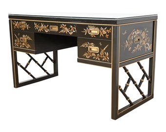 Chinoiserie Hollywood Regency Campaign Black Writing Desk by Sligh