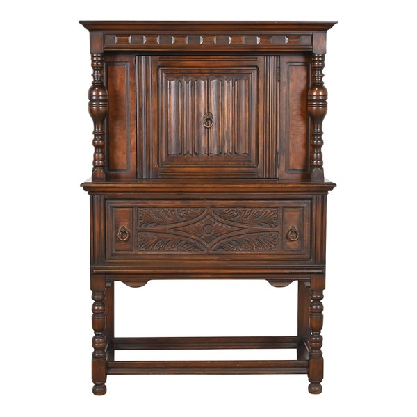 Limbert Jacobean Carved Walnut Hutch or Bar Cabinet, Circa 1920s