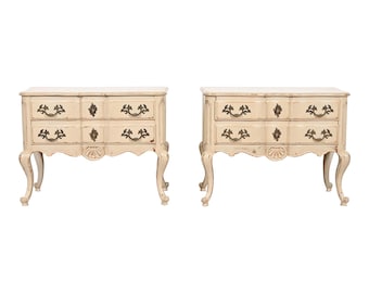 Baker Furniture French Provincial Louis XV Taupe Painted Commodes or Bedside Chests, Pair