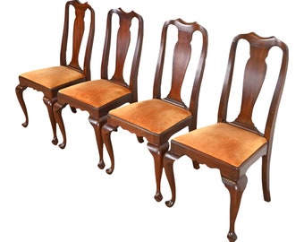 Henkel Harris Queen Anne Solid Mahogany Dining Chairs, Set of Four