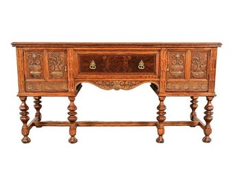 Early Romweber Antique English Jacobean Carved Oak and Burl Wood Sideboard, Circa 1900
