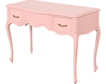 Drexel French Provincial Louis XV Pink Lacquered Vanity With Flip Up Mirror, Newly Refinished