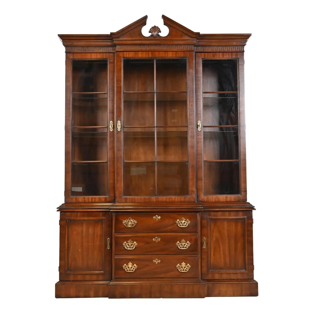 Drexel Heritage Georgian Carved Mahogany Lighted Breakfront