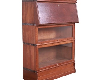 Antique Arts & Crafts Oak Barrister Bookcase With Drop Front Secretary Desk, Circa 1920s