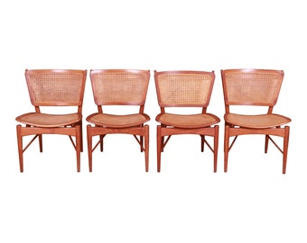 Finn Juhl for Baker Furniture Teak and Cane Dining Chairs, Set of Four