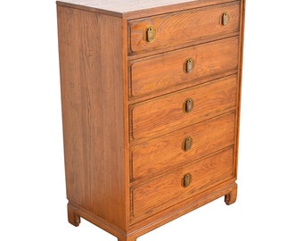 Davis Cabinet Company Mid-Century Modern Hollywood Regency Chinoiserie Oak Highboy Dresser