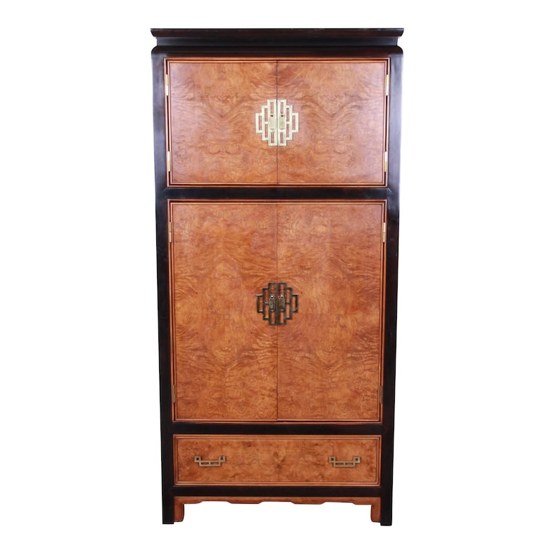 Century Furniture Black Lacquer and Burl Wood Chinoiserie Armoire Dresser