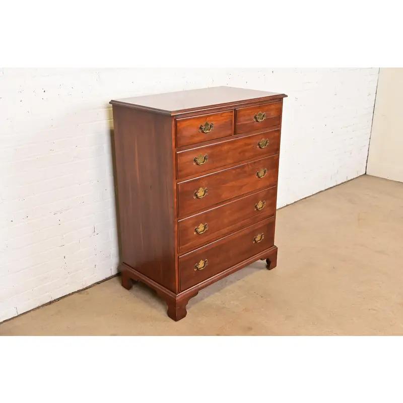 Henkel Harris Georgian Solid Cherry Wood Highboy Dresser, Circa